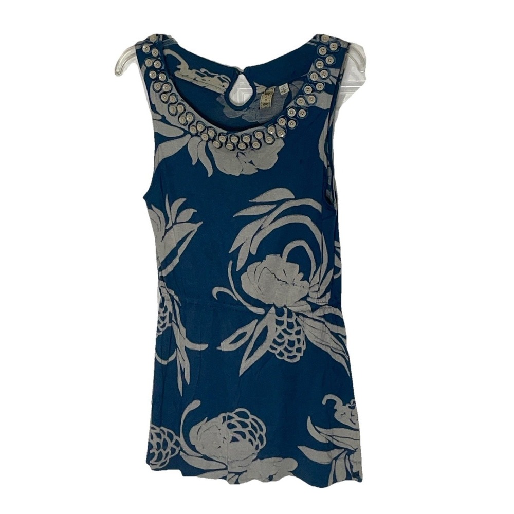 Ric Rac Womens Blue Grey Floral Sleeveless Button Embellished Neck Top‎ Size M